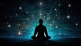 Fototapeta Kosmos - Figure of person seated against starry backdrop Mindfulness within yogic practice Mental wellbeing and tranquility