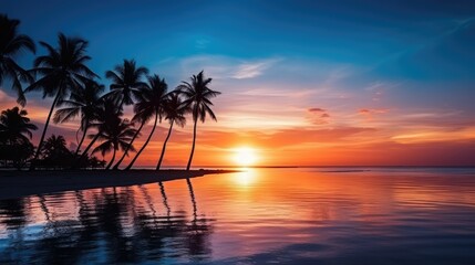 Poster - Palm trees silhouette against a stunning background of a tropical sunset beach