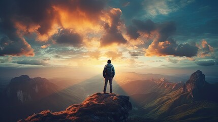Wall Mural - Young man on mountain peak gazing at sunset sky