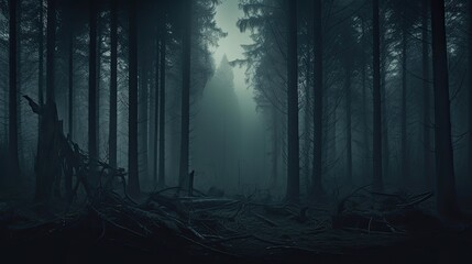 Poster - Spooky misty forest on a cold foggy morning