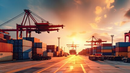 Canvas Print - Transport logistics and container yard with crane in shipyard importing and exporting cargo with sunny sky