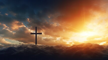 Aufkleber - Empty cross of Jesus Christ over dramatic sunrise sky panorama with clouds on Easter