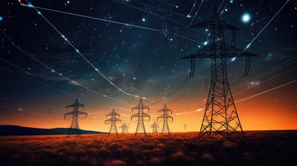 Canvas Print - Energy infrastructure concept Transmission towers with luminous orange wires against a starry night backdrop