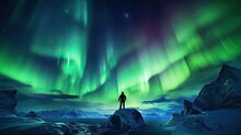 Silhouette Of A Man On A Mountain With The Aurora Borealis Symbolizing Freedom And Travel