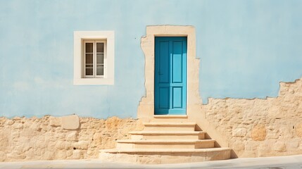  a blue door and steps in front of a blue building.  generative ai