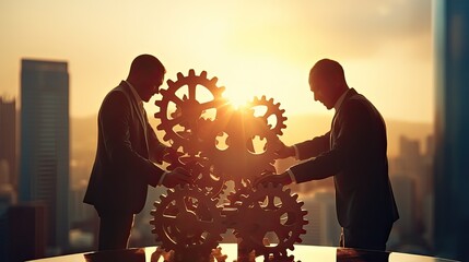 Wall Mural - Businessmen work together to collect details from puzzle gears symbolizing the concept of a business idea teamwork strategy and cooperation