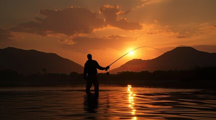 Fisherman s silhouette against setting sun backdrop on river at sunset