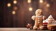 Gingerbread man and candy Cane on wooden table blank space