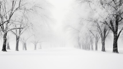 Poster - High quality photo of a snowy road view through an old forest with black tree silhouettes and a white snow background in winter