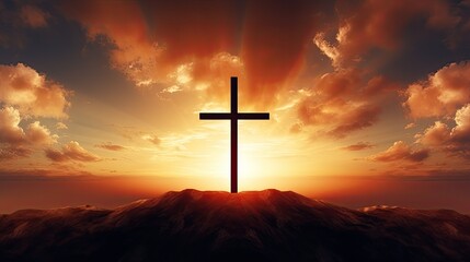 Aufkleber - Empty cross of Jesus Christ over dramatic sunrise sky panorama with clouds on Easter