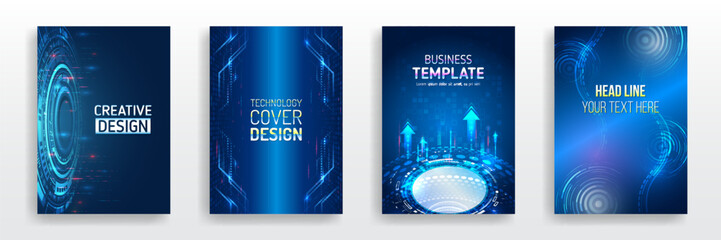 Sticker - Futuristic design for medical, scientific, computer flyers, brochures, and webinar pages. High-tech corporate document cover design. Blue set of hi-tech covers for presentation and marketing.