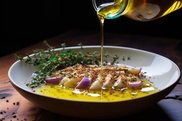 Wall Mural - olive oil drizzling onto a hummus-filled bowl