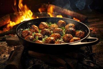 Poster - homemade meatballs cooking in a skillet