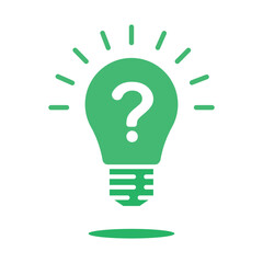 question mark on green light bulb like quiz icon. concept of expert pictogram or visionary symbol. flat cartoon trend simple think outside the box logotype graphic design web element isolated on white