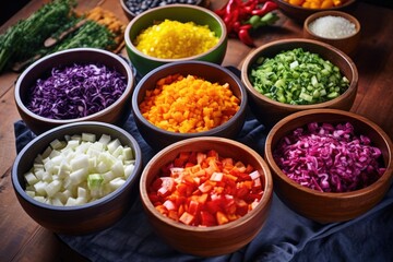 Wall Mural - chopped ingredients in colorful bowls, ready to mix