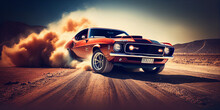 Muscle Car's High-Speed Chase On A Dusty Desert Road