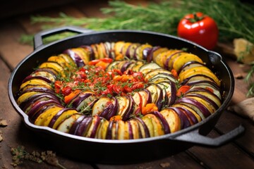 Wall Mural - cast iron skillet with colorful ratatouille ingredients