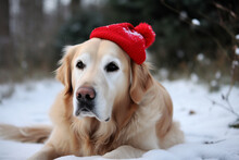 A Dog Wearing A Christmas Hat In Winter