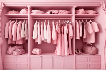 Pink wardrobe with different clothes and accessories on hangers, closeup. Only pink color.