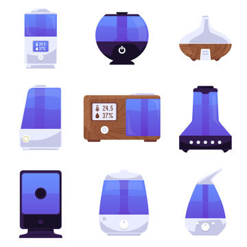 Wall Mural -  - Air humidifiers set to moist air at home, flat vector illustration isolated.