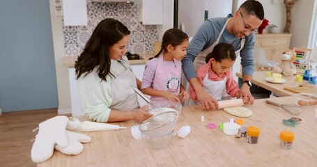 Canvas Print - Happy parents teaching children baking as care in a home kitchen counter together to prepare dessert as a skill. Development, mother and father helping kids learning a cookie recipe or food