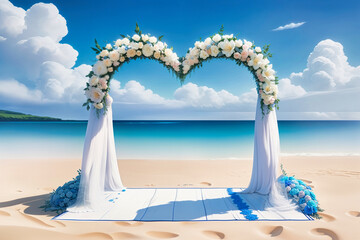 Wall Mural - beach wedding venue, wedding setup, cabana, arch, gazebo decorated with flowers, beach wedding setup