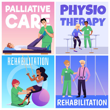 Wall Mural -  - Rehabilitation, physiotherapy and palliative care advertising posters set, flat vector illustration.