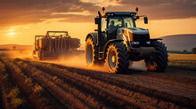 Tractor Drives Across Large Field Making Special Beds For Sowing Seeds Into Purified Soil. Agricultural Vehicle Works At Sunset In Countryside. Generative AI