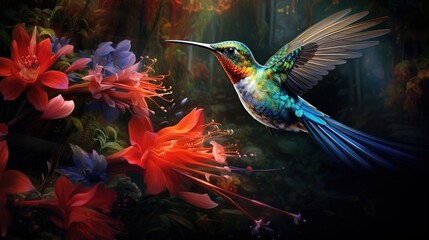  a hummingbird flying over a bunch of flowers in the air.  generative ai