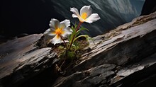  Two White And Yellow Flowers Sitting On A Rocky Cliff Side.  Generative Ai