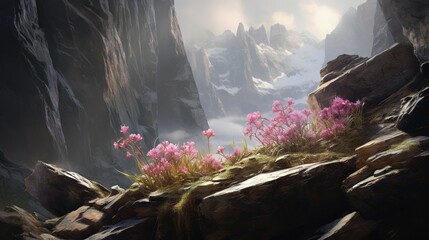 Canvas Print -  a painting of pink flowers growing on a rocky cliff side.  generative ai