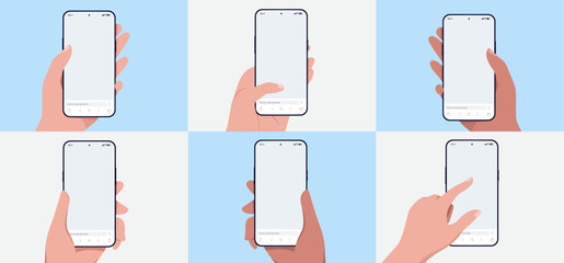 Poster - Phone in hand vector template collection - Set of mockup illustrations of diverse hands using smartphone touch screens with blank empty web browser