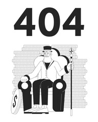 Fototapete - Bearded old businessman among coins black white error 404 flash message. Saving money. Monochrome empty state ui design. Page not found popup cartoon image. Vector flat outline illustration concept