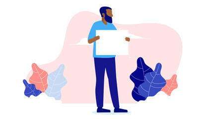 Poster - Person holding blank poster sign - Casual man with white paper placard to insert text or message. Flat design vector illustration with white background