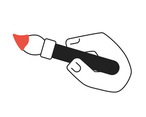 Poster - Hand holding paintbrush monochrome flat vector object. Artist equipment. Editable black and white thin line icon. Simple cartoon clip art spot illustration for web graphic design