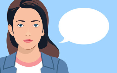 Poster - Woman and speech bubble - Vector illustration of female person face with cartoon text field and copy space for text. Flat design on blue background