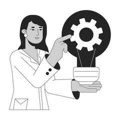 Poster - Female scientist mechanic bw concept vector spot illustration. Woman turning gear inside light bulb 2D cartoon flat line monochromatic character for web UI design. Editable isolated outline hero image