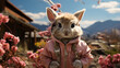 rabbit in the garden. Bunny in a pink Barbie jacket. Barbie animal style. Fashionable rabbit looks at the camera on the background of the park. Happy easter concept