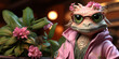 dragon with flower. business woman dragon in glasses and a pink Barbie jacket. Stylized dragon business woman