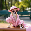 Chihuahua dog in pink Barbie clothes. Barbie animal style. Fashionista dog sitting on a park bench wearing a pink hat and glasses