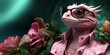 green iguana on a branch. business woman dragon in glasses and a pink Barbie jacket. Stylized dragon business woman