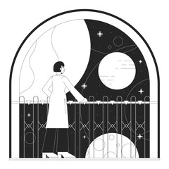 Poster - Space program bw concept vector spot illustration. Space science looking on planets 2D cartoon flat line monochromatic character for web UI design. Editable isolated outline hero image