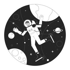 Poster - Astronaut in space bw concept vector spot illustration. Man in space suit among planets 2D cartoon flat line monochromatic character for web UI design. Editable isolated outline hero image