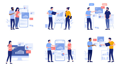 Fototapete - People working with data and charts collection - Set of vector illustration of business characters standing and doing computer work with diagrams and graphs. Flat design and white background