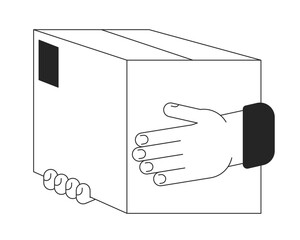 Poster - Hand holding paper box bw concept vector spot illustration. Purchase delivery 2D cartoon flat line monochromatic hand for web UI design.editable isolated outline hero image