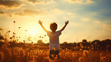 Little Boy Raising Hands Over Sunset Sky, Enjoying Life And Nature. Happy Kid On Summer Field Looking On Sun. Generative AI