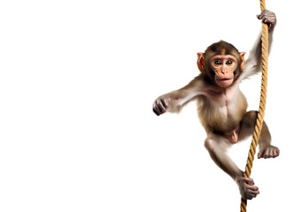 Wall Mural - swinging macaque monkey on a rope, isolated background, png