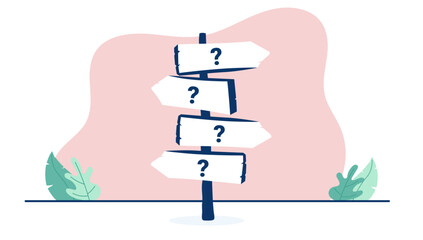 Crossroad vector sign - Illustration of signpost pointing in different direction with question marks. Flat design on white background