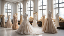 Captivating Luxury Wedding Dresses Beckon At The Exquisite Wedding Salon. Generative AI