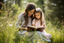 Mother And Daughter Reading A Book On Grass In Nature. Family Teaching
